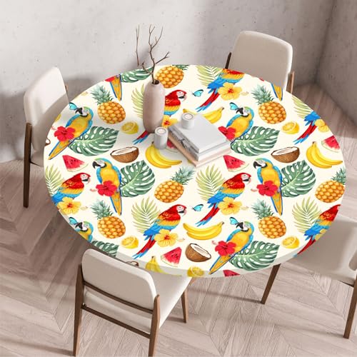 Image of Hixingo 3D Round Table Cloth with Elastic Edged Wipe Clean Tablecloth Fitted Tablecloths, Non-Slip Table Decoration for Kitchen, Dining Room, Hotel, Garden (Tropical Parrot,60CM)