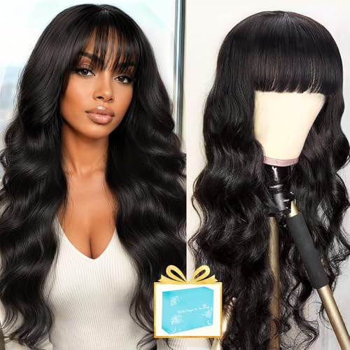 Lativ Body Wave Human Hair Wig with Bangs None Lace Front Wigs for Black Women with Gifts Box 150% Density Brazilian Virgin Hair Glueless Wigs Human Hair (20 Inch Natural Color)