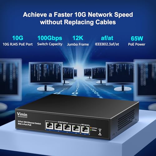 Image of 4-Port 10G PoE Switch with 10G Uplink Port, VIMIN 4-Port 10Gbe PoE Network Switch, Auto-Negotiation, for 10G NAS Network, Support IEEE802.3af /at, Plug & Play, 65W, 100Gbps Switching Capacity