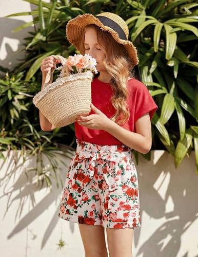 Image of Arshiner Girls 2 Piece Outfit Summer Drop Shoulder Batwing Sleeve Tops and Paperbag Waist Shorts Set Cute Clothing Size 6-14