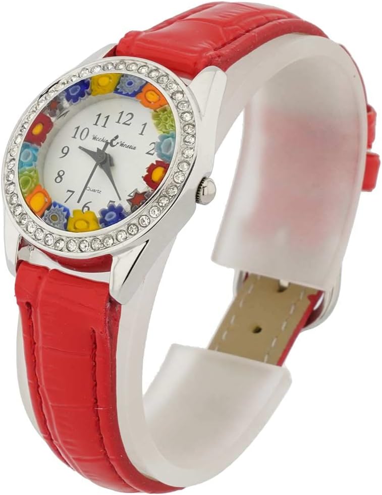 Glass Of Venice Murano Glass Watch Millefiori and Crystals with Leather Band - Red