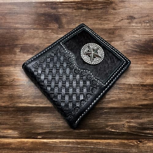 Urbalabs Mens Cow Hair Cowboy Lone Star Concho Basketweave Bifold Western Leather Wallet High End Hand Stitched Leather Style Mens Wallets Leather Bull Rider Rodeo Gifts For Men (Black)2