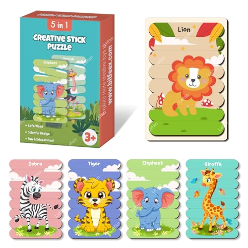 Image of Lefan 5 in1 Animal Puzzle Sticks for Kids - 5 Wooden Animal Puzzles with Tray Educational Montessori Toy for Toddlers Tiger Zebra Elephant Giraffe Lion Puzzle Set 2 3 4 5 6 7 Year Gift for Toddlers