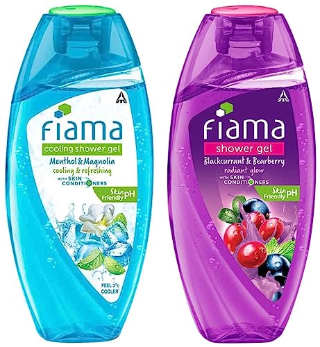 Image of Fiama Cooling Shower Gel Menthol & Magnolia, 250ml Bottle & Fiama Shower Gel Blackcurrant & Bearberry Body Wash With Skin Conditioners, 250ml Bottle