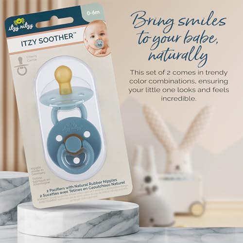 Image of Itzy Ritzy Natural Rubber Newborn Pacifiers - Baby Pacifiers with Cherry-Shaped Nipple & Large Air Holes for Added Safety - Set of 2 Binkies in Harbor & Coast (Ages 0 - 6 Months)