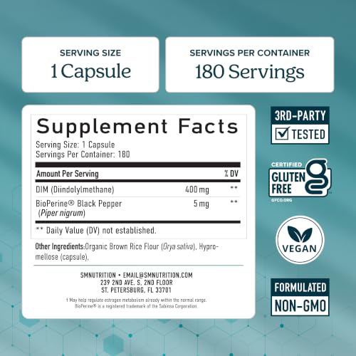 Image of DIM Supplement 400MG Extra Strength, Hormone Balance for Men & Women | Menopause Acne Hot Flashes Prostate & Antioxidant Support, Third-Party Tested, Non-GMO, Soy-Free, Gluten-Free, 180 Capsules