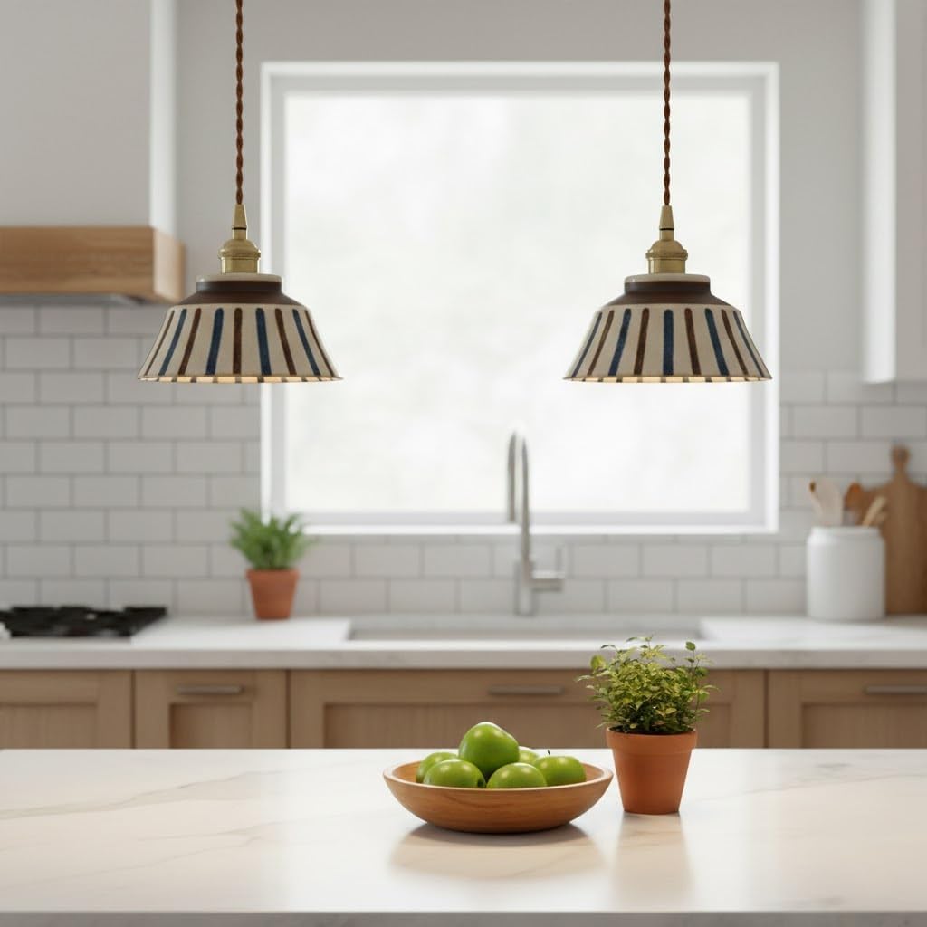 Lampada a sospensione in ceramica retrò in ottone, luce a strisce