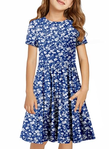 storeofbaby Girls Summer Dress Crew Neck Short Sleeve Floral Printed Twirly Skater Dress, 4-5 Years