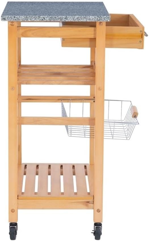 Riverbay Furniture Pine Wood Granite Top Rolling Microwave Kitchen Island Cart with Storage in Natural