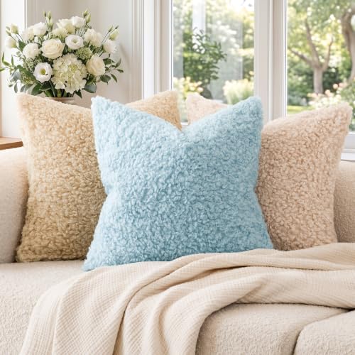 Image of Foindtower Set of 2 26x26 Inch Sky Blue, Faux Fur Throw Pillow Cover Accent Sherpa Furry Pillow Covers Fuzzy Soft Pillowcases Cozy Sheepskin Decorative Fleece Cushion Case for Bed Couch Living Room