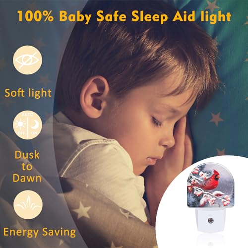 Image of Winter Red Cardinal Bird Night Light for Kids,Christmas Pine Tree Snow Cardinal Night Light Plug in with Dusk to Dawn Sensor,0.5w Energy Saving Nightlight for Hallway Stairway Kitchen Bedroom