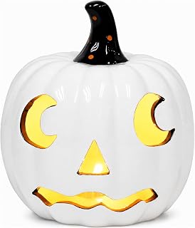 Halloween White Ceramic Pumpkin LED Lighted Jack O Lantern Battery Operated Decorative Lantern for Tabletop Mantel Entryway Spooky Indoor Halloween Decor