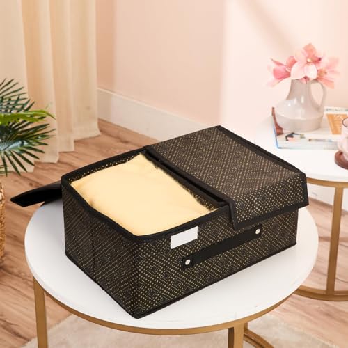 Image of Amazon Brand - Solimo Double Lid Foldable Storage Box | Toys Storage Bin | Wardrobe organizer for Clothes | Front Handle | Stackable Rack | 36 x 25 x 16 cm (Golden Dot, Black)