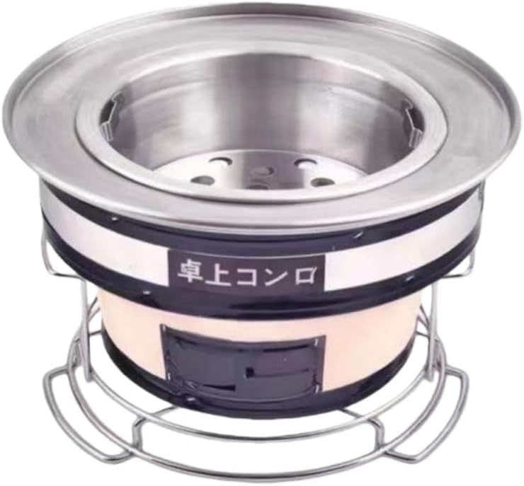 JNNJ珪藻土丸型七輪 セラミック火鉢 炭火焼きコンロ 室内 焼き網つき テーブルバーベキューグリル 、ステンレスリング 炭架 秋刀