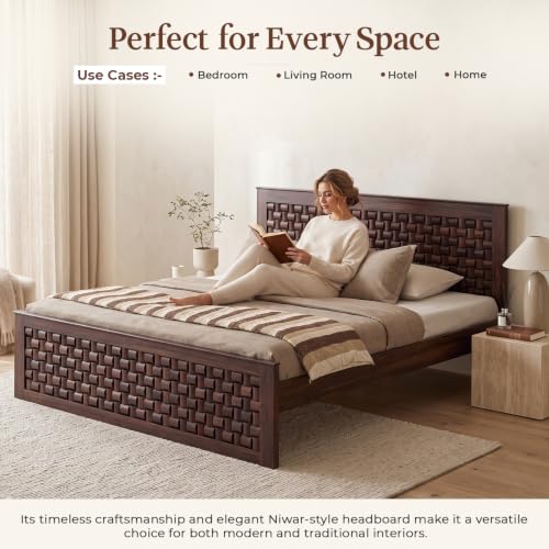Image of WOODLAB Furniture Sheesham Wood King Size Bed Without Storage and with Niwar Style Headboard | Wooden Double Size Cot Palang for Bedroom Living Room Hotel and Home (Walnut Finish)