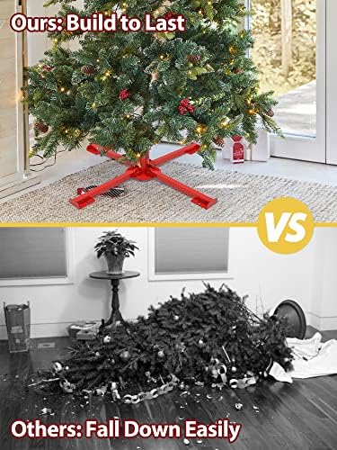 INFLATION Foldable Christmas Tree Stand - Heavy Duty Xmas Tree Stand Base for 6-8 FT Artificial Trees - Red Stainless Steel Metal Christmas Tree Holder for Home Party Decoration