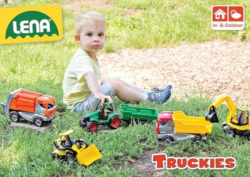 Lena Truckies Traktor mit Anhänger 38 cm, grün, Robustes Sandkasten Spielzeug mit abnehmbaren Anhänger, klappbare, Fahrerhaus, Kippmulde & Spielfigur, für Kinder ab 2 Jahren,