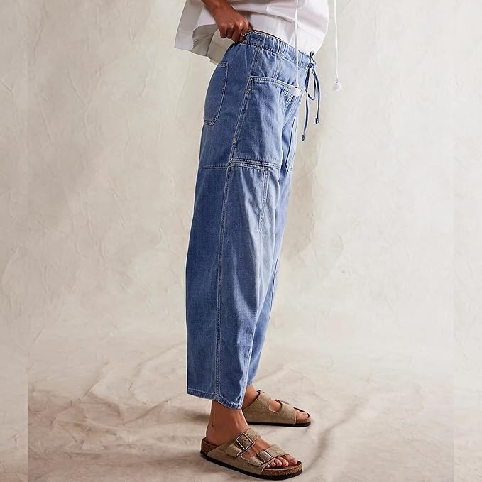 Womens Wide Leg Baggy Jeans Elastic Low Rise Barrel Jean Boyfriend Trendy Horseshoe Denim Pants with Patched Pockets3