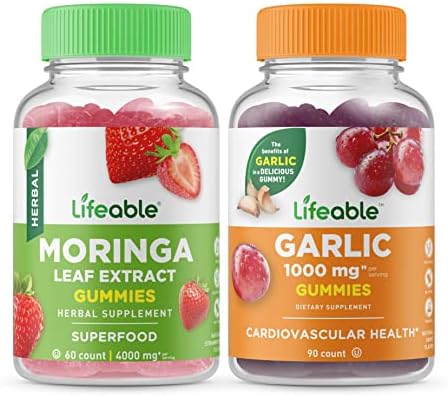 Lifeable Moringa Leaf + Garlic 1000mg, Gummies Bundle - Great Tasting, Vitamin Supplement, Gluten Free, GMO Free, Chewable Gummy