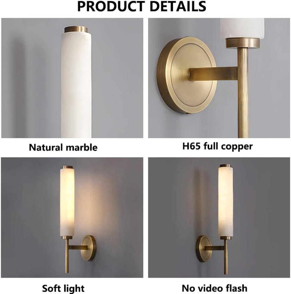 Alabaster Wall Sconce Light LED 3000K Warm Light Indoor Wall Decor Cylindrical Marble lampshade Wall Mount Lamp H65 All-Copper lamp Body for Kitchen Bedroom Living Room Vanity (Black)
