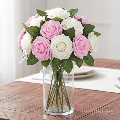 Image of 100Pcs Real Looking Pink and White Blend Artificial Rose Flower Heads, Foam Fake Roses for DIY Wedding Decorations Baby Shower Centerpieces Home Party Valentine's Day Mother's Day Decor
