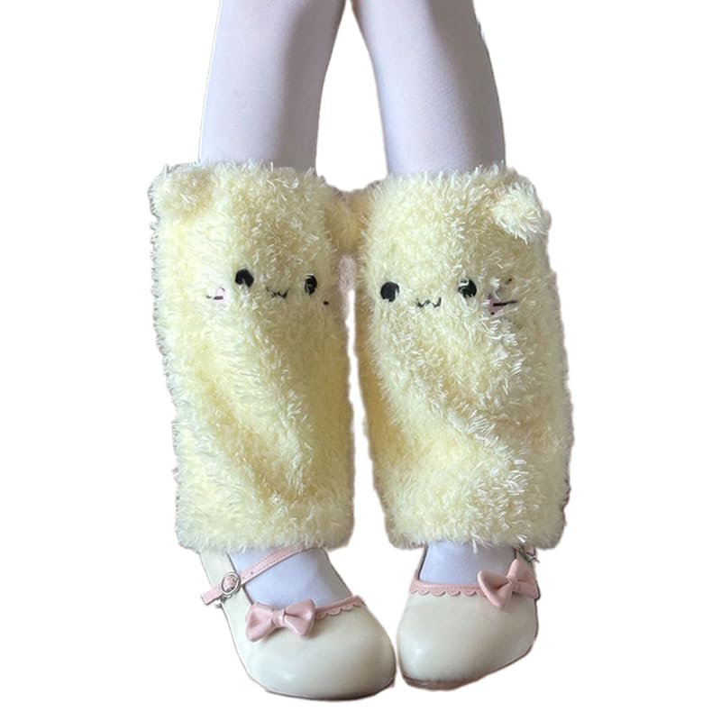 KAQNTUD Cubrepiernas peludas de moda para mujer, orejas de gato de invierno, calentadores de piernas de felpa mullida, calcetines sin pies, calcetines lindos para botas de orejas de gatos, amarillo