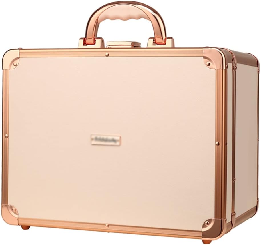 Makeup Box Professional Makeup Box for Makeup Artist, Portable Cosmetic Storage Box with LED Light, Suitable for Travel, Hand-held/hangable Luggage Hanging Rod (Rose Gold 36*22.5*27.6cm)