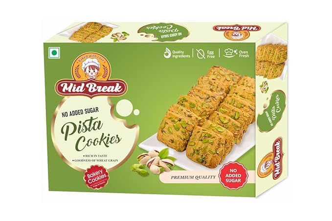 Image of Midbreak No Added Sugar Pista Delight Biscuits 300g (Pack of 2) | Rich Pistachio Cookies | Low Glycemic, High Fiber | Wholesome Healthy Snacking