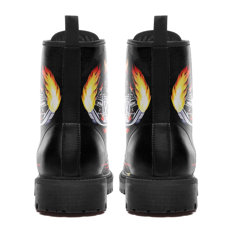 Image of Custom Black Combat Boots for Women Fashion Lace-Up Skull Rose Ankle Booties Chunky Heel Platform Leather Boots