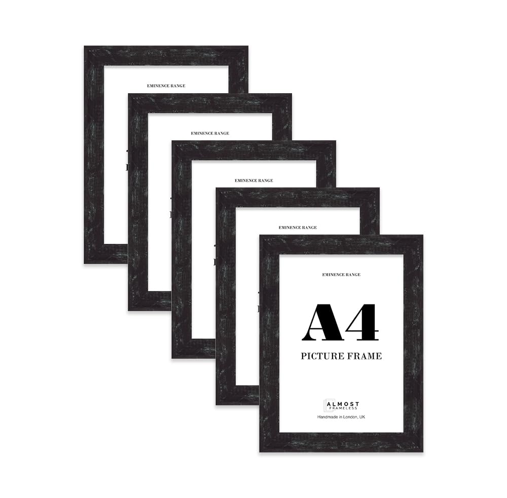 A4 Distressed Black Picture Frame - Rustic Wood Industrial Effect Photo Frame for Wall Display, Ideal for Posters, Prints & Home Décor, Wall Hooks and Kickstand, 32mm Edge - 5 Pack