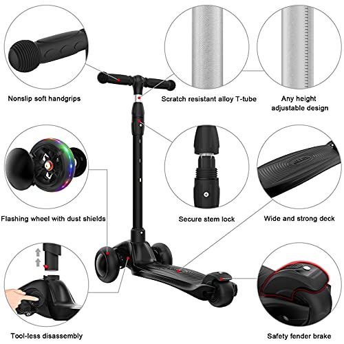 Image of Allek Kick Scooter B03, Lean 'N Glide 3-Wheeled Push Scooter with Extra Wide PU Light-Up Wheels, Any Height Adjustable Handlebar and Strong Thick Deck for Children from 3-12yrs (Black)