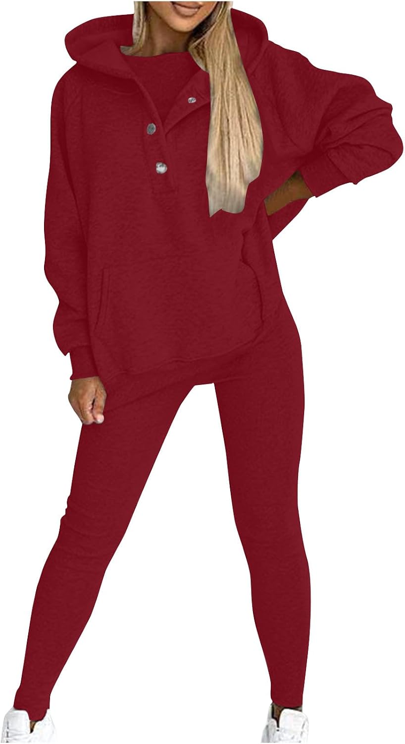 Sweatsuit Set for Women 2 Piece Outfits Casual Half Button Oversized Pullover Hoodie and Leggings Matching Tracksuits