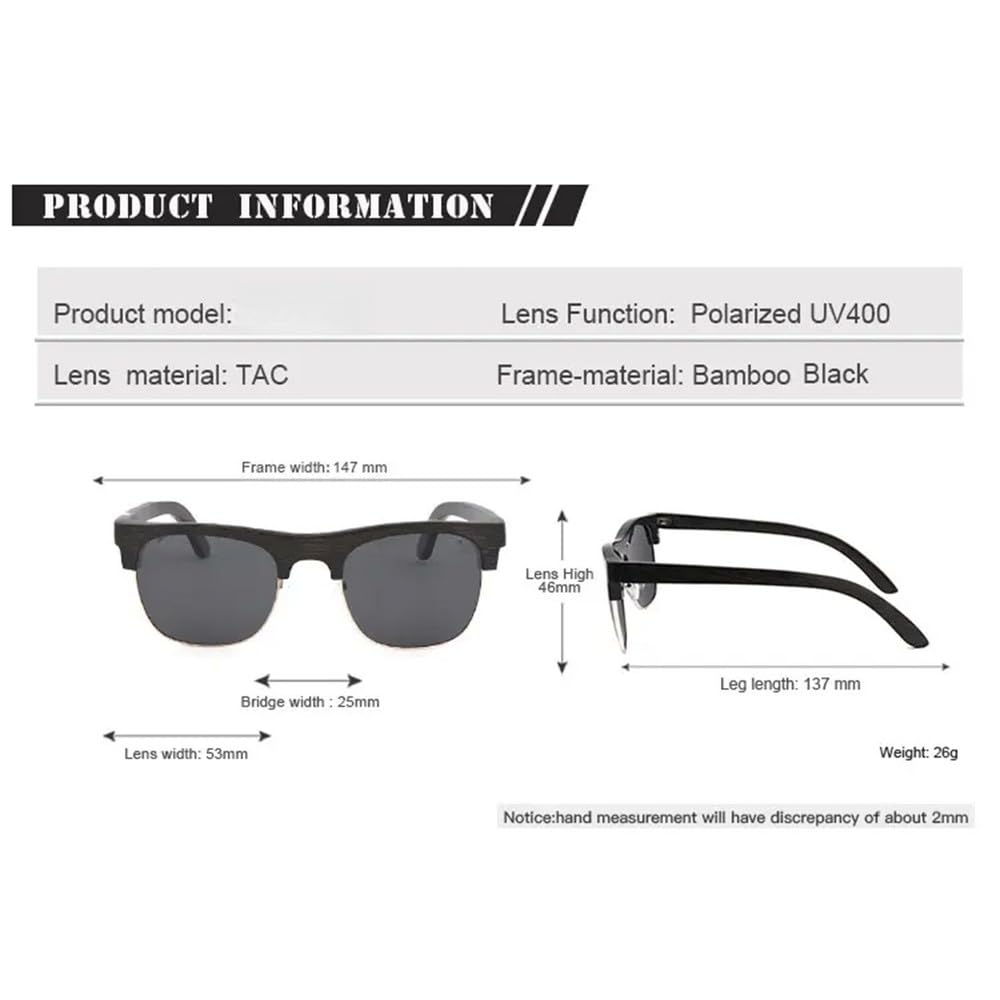 Gafas de sol retro de media montura de bambú para hombre, clásicas, polarizadas, con protección UV 400.