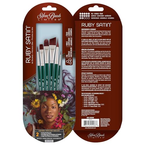 Silver Brush Limited RSS-2560S Ruby Satin Variety Set, Set of 6 Brushes, Round Size 4, Bright Size 10, Filbert 1/2 Inch, Angular 5/8 Inch, Triangle Size Medium, and Monogram Liner Size 2/0