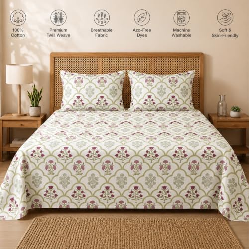 Image of HOMEMONDE Cotton Super King Size Bedsheet 100% Pure Cotton with Two Pillow Covers | 186 TC Floral Printed Soft & Breathable Bed Linen | (108 x 108 Inch /274 x 274 cm, Spring Buds Pink)