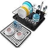 Dish Drying Rack, Packism Dish Rack with Water Tray, Metal Flat Dish Rack and Utensil Holder, Non-Rust Dish Drainer for Kitchen Countertop Drying Rack for Dishes