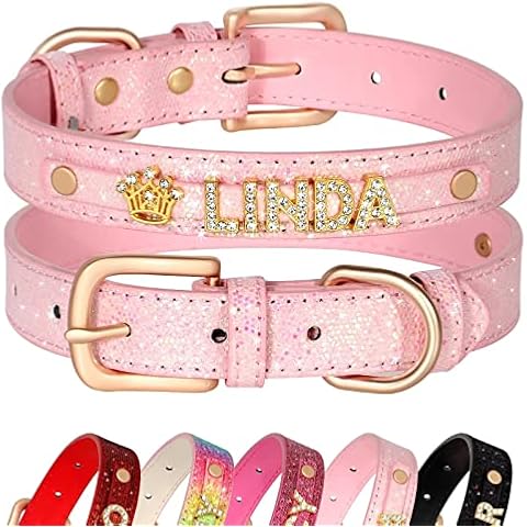 Didog Personalized Glitter Dog Collars, PU Leather Custom Dog Collars with Bling Rhinestone Pet Name for Small Medium Dogs & Cats, Pink, S Cover