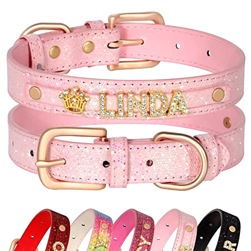 Didog Collier personnalisé à paillettes pour chien et chat, en cuir synthétique avec strass bling-bling pour chiens et chats de petite et moyenne taille, rose, taille XS