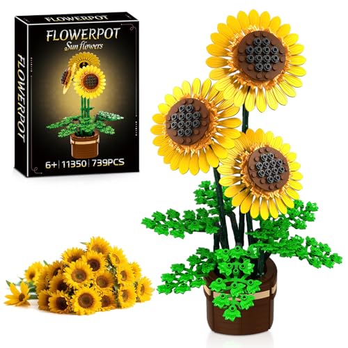 kiothdre Sonnenblumen Bausatz mit Vase Botanicals Blumenstrauß für Erwachsene - 739 Teile Sonnen Blumenstrauß Set Valentinstags Geburtstag Geschenke für Erwachsene Frauen