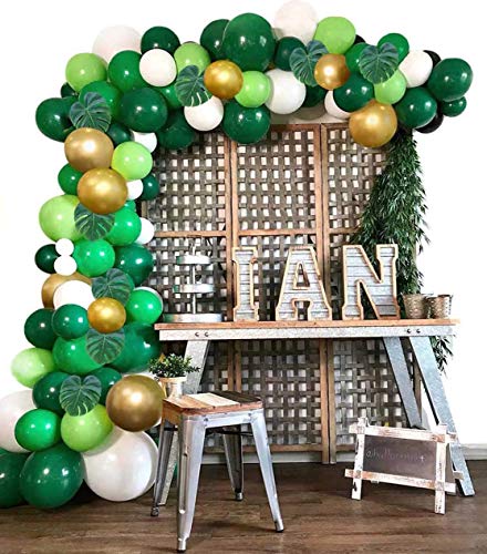 Tresbro Jungle Safari Theme Party Decorations 175pcs, 130 Latex Balloons, 24 Green Palm Leaves, 16 Feets Arch Balloon Strip Tape, 2 Balloon Tying Tools, 1 Air Pump Safri Party Supplies and Favors