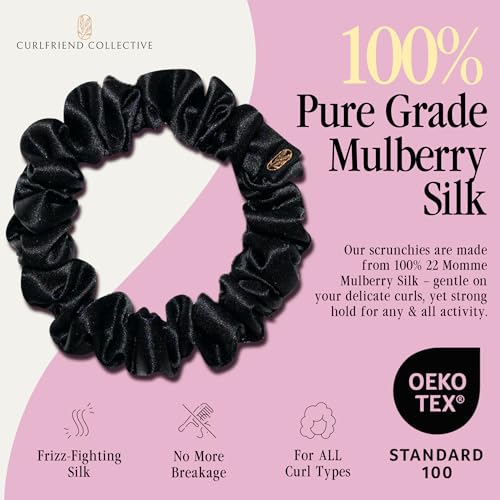 Image of Curlfriend Collective Onyx Midi Curly Hair Silk Scrunchies for Women, Black | 22 Momme Mulberry Silk Hair Ties for Curly, Coily, and Wavy Hair - Black, Pack of 4