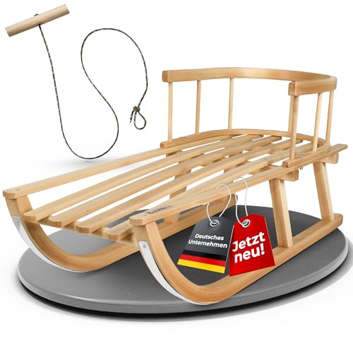 Kinderschlitten 90 cm mit Rückenlehne - Holzschlitten aus massivem Buchenholz - Rodelschlitten Schneeschlitten Davoser mit Leine & Griff - robuste Kufen mit Leichtlauf-Stahlkufenbeschlägen