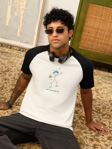 Image of The Souled Store Casual Classics: Out of Office Men and Boys Short Sleeve Round Neck White Graphic Printed Cotton Breathable Relaxed Fit Lightweight Casual T-Shirts