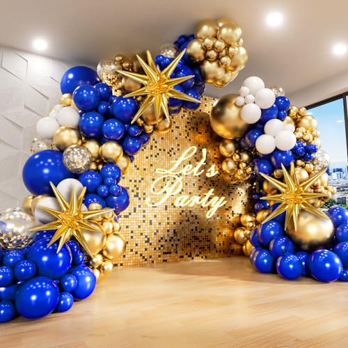 FOTIOMRG 136pcs Royal Blue and Gold Balloons Arch Garland Kit with Star Foil Balloons 5 10 12 18 inch Navy Blue White and Gold Balloon for Anniversary Wedding New Year Birthday Party Decorations