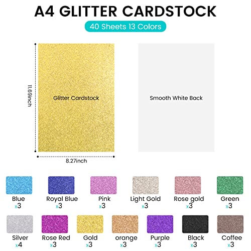 Htvront Glitter Cardstock Paper - 40 Sheets 13 Colors Glitter Card Stock, 110Lb Cover A4 Thick Cardstock Glitter Paper For Craft, Birthday, Scrapbook, Wedding, Sparkly Paper, Card Making #TOP2