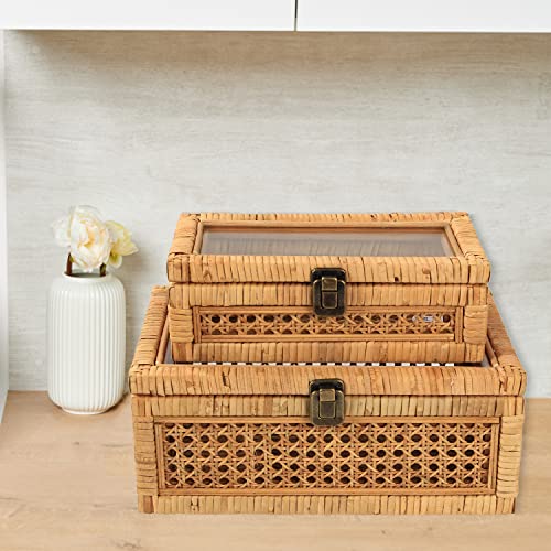 Huaxin Craft H Rattan Box With Lids, Rectangular Woven Case With Glass For Display, Set Of 2 Wicker Storage Decoration #TOP2