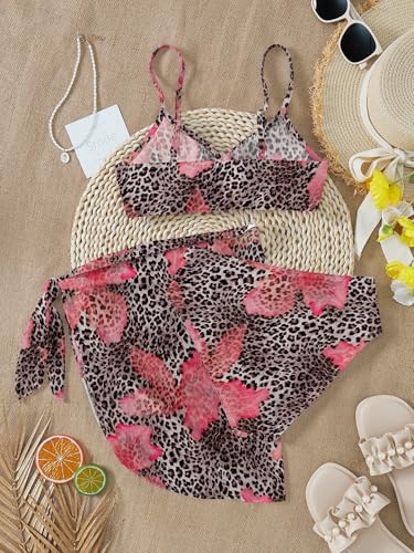 Image of RoseSeek Girls 3 Piece Bikini Set with Beach Skirt Floral Leopard O-Ring Padded Swimsuit for Teen Girls