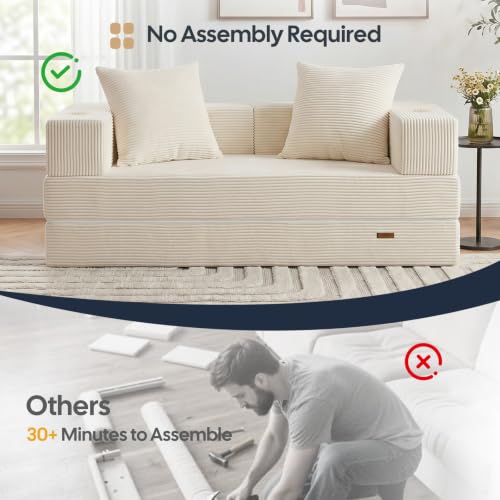 Image of COMAX Futon Sofa Bed, Convertible Sofa Bed, Folding Boneless Couches | Boneless Couch for living room, 4‑in‑1 Fold Out Small Foldable Loveseat Floor Sleeper Mattress Lounge Space‑Saving, Beige