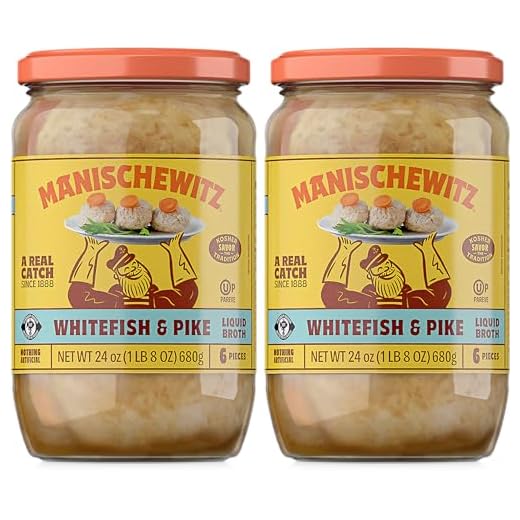 Manischewitz Whitefish & Pike Gefilte Fish in Liquid Broth 24oz (2 Pack), All Natural, Packed with Protein, No Added MSG, Kosher for Passover