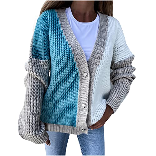 Hatoys Cardigan for Women Button Front Crochet Short Jacket Oversized Knitted Colorblocks Drop Shoulder Woolen Sweater